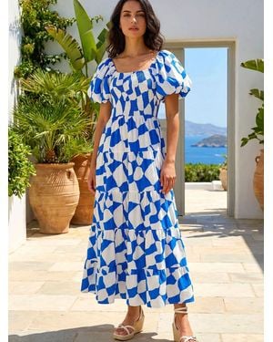 Roman Geo Print Tiered Dress - Blue