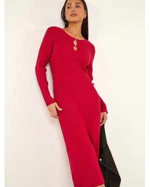 Roman Petite Faux Pearl Knitted Midi Dress - Red