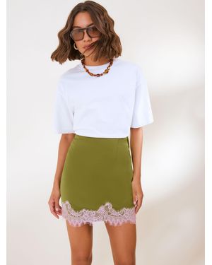 Friends Like These Lace Hem Print Satin Mini Skirt - White
