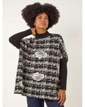 Roman Plaid Rose Detail Knit Sweater - Black