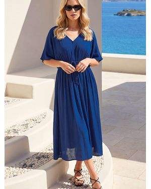 Roman Petite Linen Tie Midi Dress - Blue