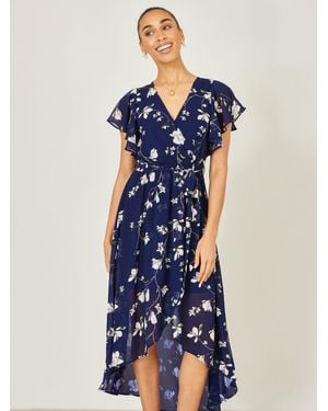 Yumi' Floral Wrap Midi Dress With Frill Hem - Blue