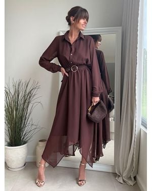 Style Cheat Hanky Hem Belted Shirt Dress - Brown