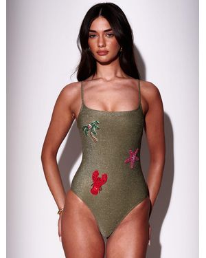South Beach Motif Embellished Glitter Swimsuit - Green