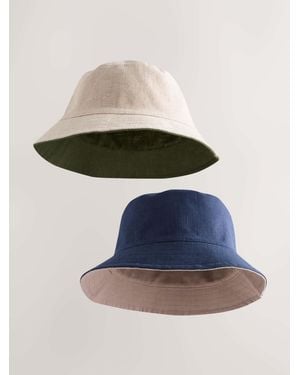 Next Khaki/Stone Linen Reversible Bucket Hats 2 Pack - Blue