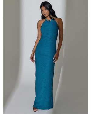 South Beach Halterneck Textured Bead Detail Maxi Dress - Blue