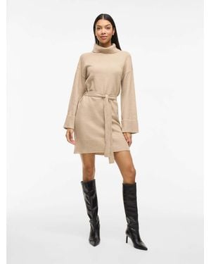 Vila Long Sleeve Tie Belt Knit Dress - Natural