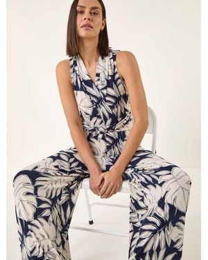Roman Palm Leaf Print Jumpsuit - White