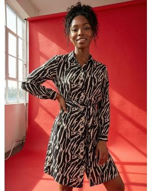 Roman Animal Print Tie Waist Shirt Dress - Red