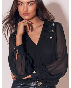 Lipsy Military V-Neck Woven Blouse - Blue