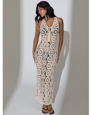 South Beach Crochet Tie Front Maxi Beach Dress - Natural
