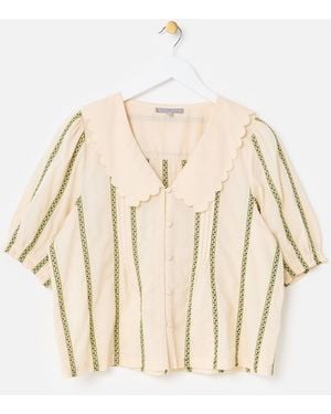 Oliver Bonas Oliver Bonas Embroidered Striped Scalloped Collar Blouse - Natural
