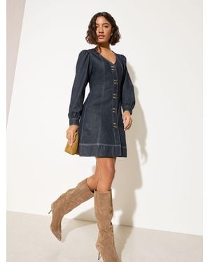 Friends Like These V-Neck Puff Sleeved Denim Mini Dress - Blue
