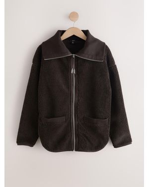 Next Chocolate Borg Zip Through Fleece With Rib Collar - Black