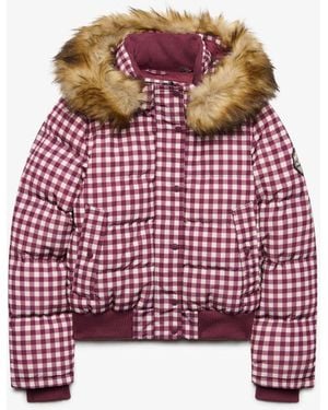 Superdry Gingham Check Everest Hooded Bomber Puffer Coat - Red