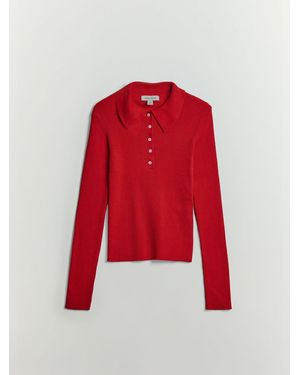 BHOEM Long Sleeve Ribbed Knit Polo Shirt - Red
