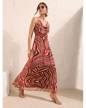 Friends Like These Chiffon Cowl Neck Printed Midi Dress - Pink