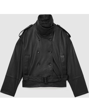 Reiss Amelie Leather Belted Double-Breasted Jacket - Black