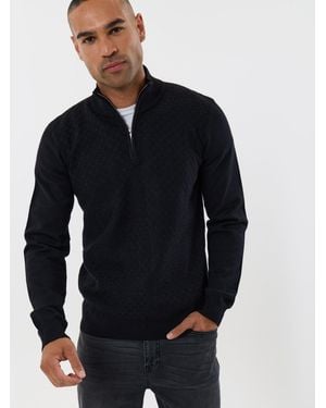 Threadbare Basket Stitch Quarter Zip Sweater - Blue