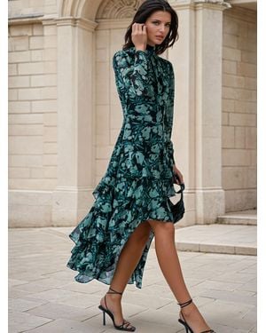 Religion Cressida High Low Occasion Maxi Dress Floral Print And Ruffles Skirt - Green