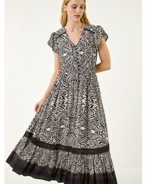 Roman Paisley Print Buttoned Midi Dress - White