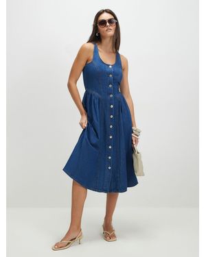 River Island Sleeveless Denim Button Front Flippy Midi Dress - Blue