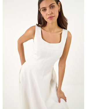Roman Square Neck Pleated Midi Dress - White