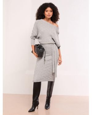Lipsy Slash Neck Belted Blouson Cable Knitted Midi Dress - Gray