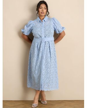 Live Unlimited Puff Sleeve Button Though Belted Lace Dress - Blue