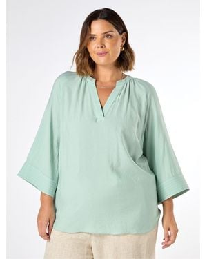 Live Unlimited Chambray Cropped Sleeve Blouse - Green