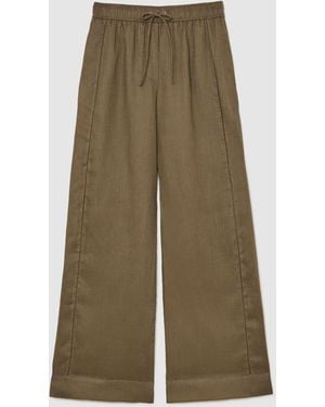 Reiss Riley - Khaki Green Linen Ladder-embroidery Wide-leg Pants, Us 14 Regular - Multicolor