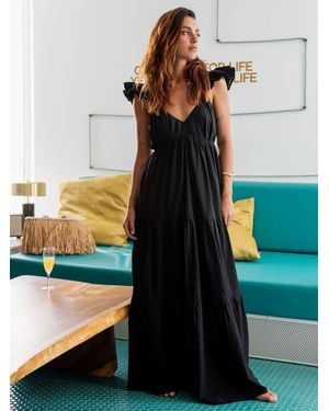 South Beach 100% Cotton Frill Sleeve Tiered Maxi Dress - Black
