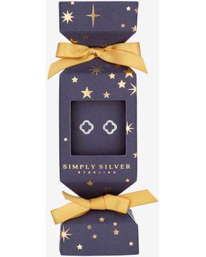 Simply Silver Cubic Zirconia Open Clover Earrings Gift Cracker - Blue