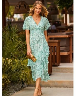 Sosandar Petite Abstract Print Layered Hem Angel Sleeve Maxi Dress - Green