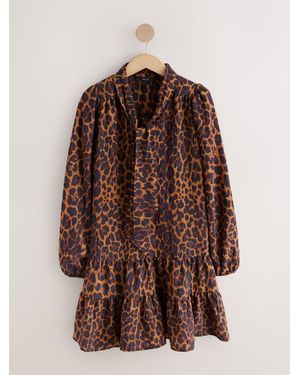 Next Long Sleeve Tie Neck Mini Dress - Brown