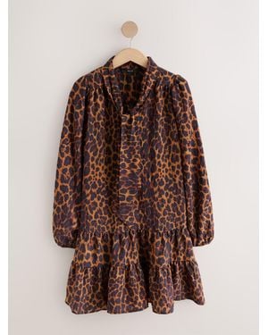 Next Long Sleeve Tie Neck Mini Dress - Brown
