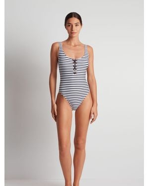 Ralph Lauren Luxe Stripe Laced Tank Swimsuit 1 Piece - White