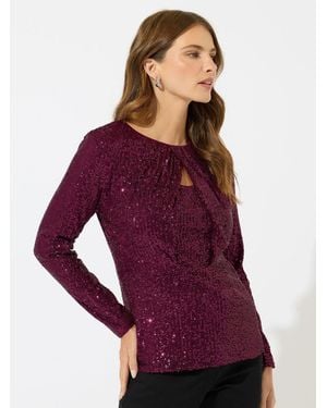 M Com Sequin Twist Neck Keyhole Top - Purple