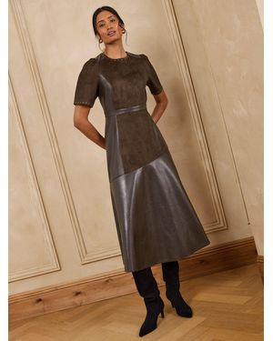 Love & Roses Chocolate Suede Faux Leather Stud Mix Midi Dress - Brown