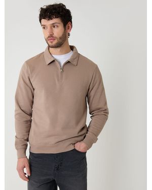 Threadbare Quarter Zip Collared Sweatshirt - Natural