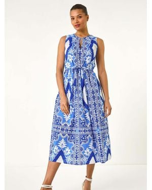 Roman Abstract Print Halter Midi Dress - Blue