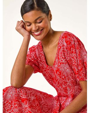 Roman Floral Print Midi Tea Dress - Red