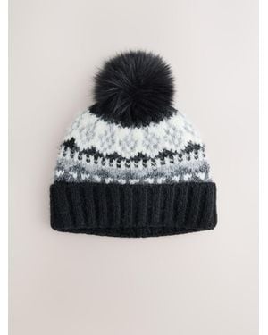 Next Monochrome Fairisle Pom Beanie Hat - Black