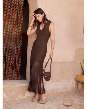 Love & Roses Cotton Rich V-Neck Fringed Tassel Detail Summer Knitted Midi Dress - Brown