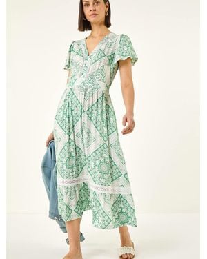 Roman Lace Detail V-Neck Midi Dress - Green