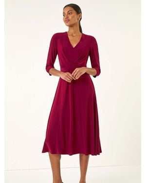 Roman Wine Stretch Cross-Over Midi Dress - Red