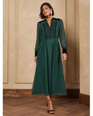 Love & Roses Forest Frogging Velvet Detail Midi Dress - Green