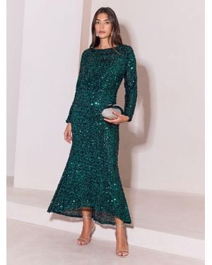 Lipsy Dark Sequin Long Sleeve Batwing Midi Dress - Green