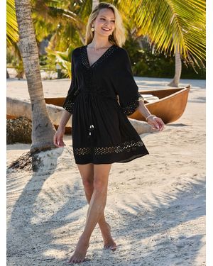 Sosandar Lace Insert Tie Detail Crinkle Kaftan - Black
