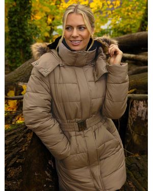 Roman Faux Fur Padded Belt Coat - Green